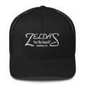 Zelda's on the Beach black trucker cap — front view