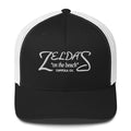 Zelda's on the Beach black and white trucker cap — front view
