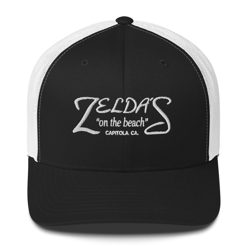 Zelda's on the Beach black and white trucker cap — front view