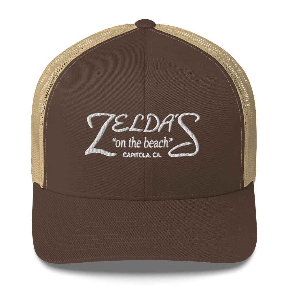 Brown/Khaki → Zelda's on the Beach brown and khaki trucker cap — front view