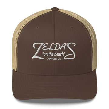 Brown/Khaki → Zelda's on the Beach brown and khaki trucker cap — front view