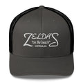 Zelda's on the Beach dark heather gray trucker cap — front view