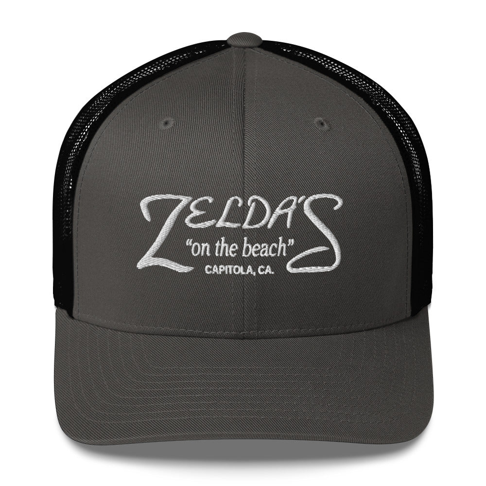 Zelda's on the Beach dark heather gray trucker cap — front view