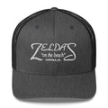 Zelda's on the Beach charcoal and black trucker cap — front view