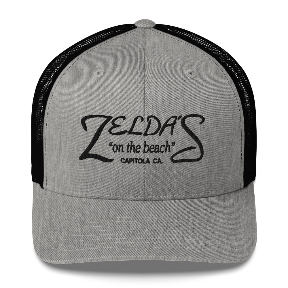 Zelda's on the Beach heather and black trucker cap — front view