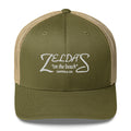 Zelda's on the Beach moss and khaki trucker cap — front view