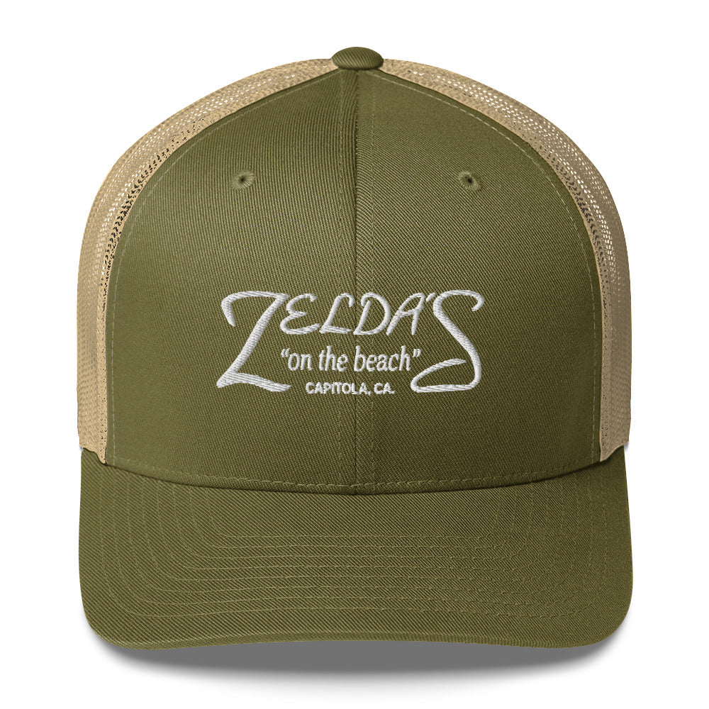 Zelda's on the Beach moss and khaki trucker cap — front view