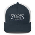 Zelda's on the Beach navy and white trucker cap — front view