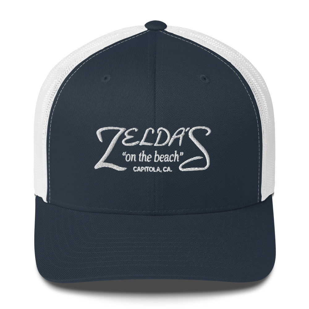 Zelda's on the Beach navy and white trucker cap — front view