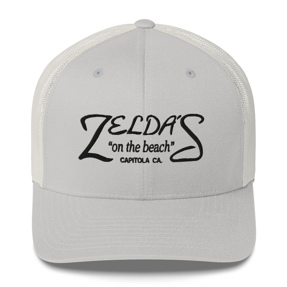Zelda's on the Beach silver trucker cap — front view