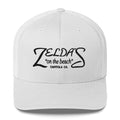 Zelda's on the Beach white trucker cap — front view