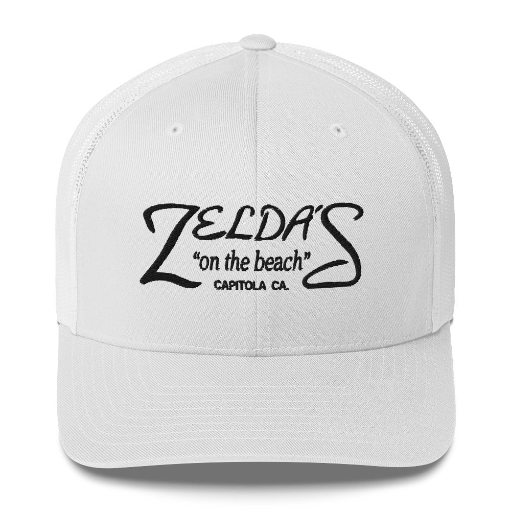 Zelda's on the Beach white trucker cap — front view